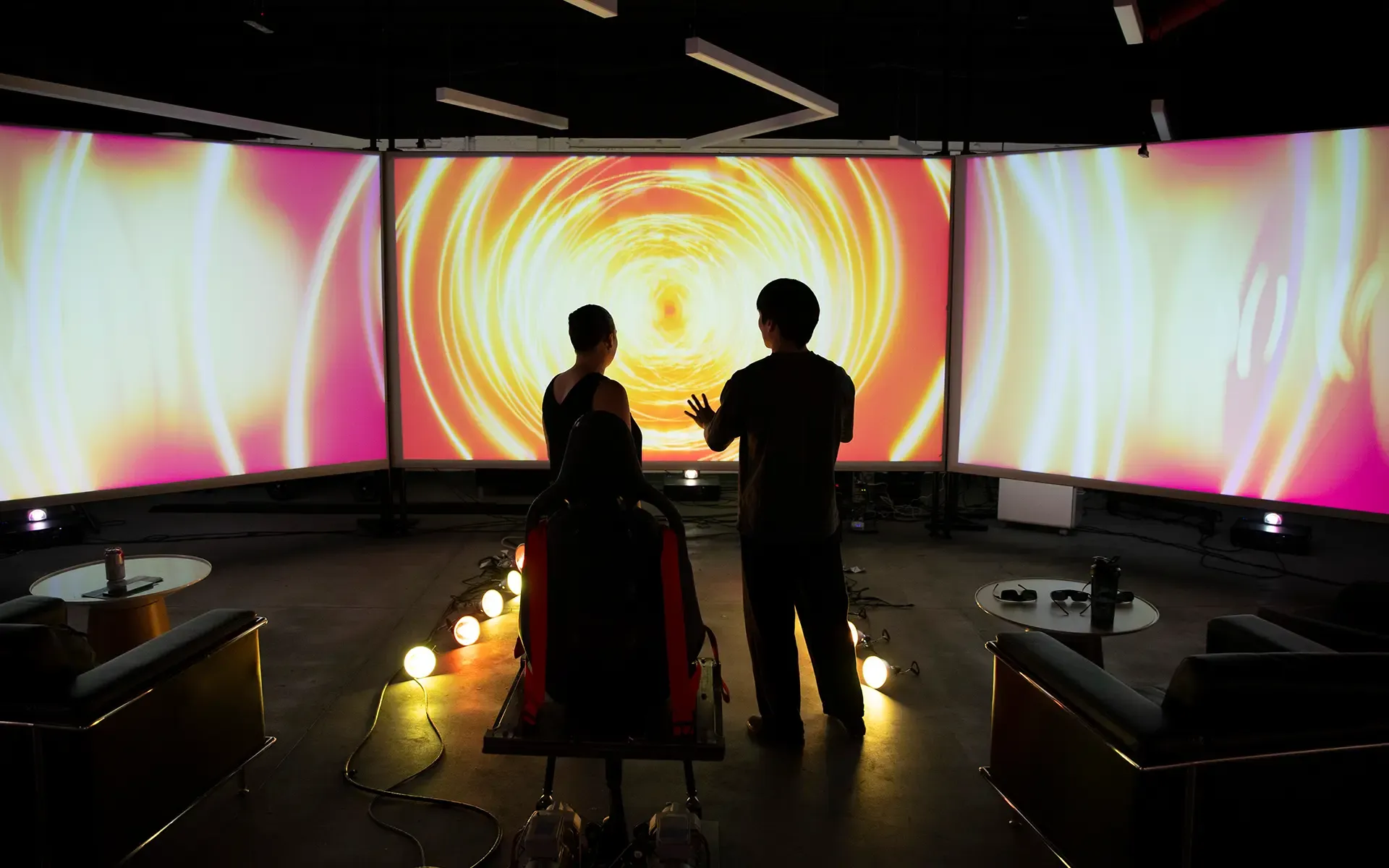 Mechanical prototype and projection tests for a themed attraction.